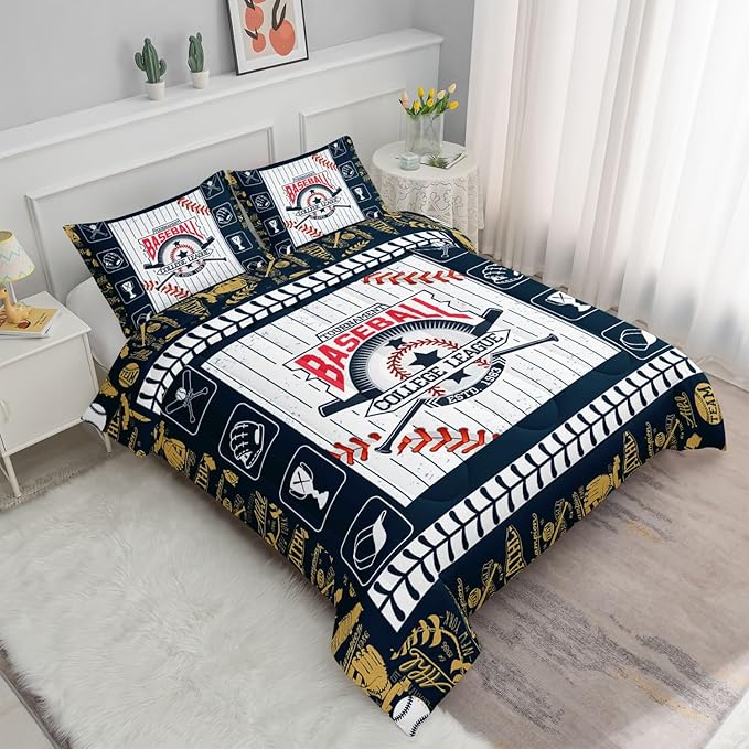Baseball League Kids Comforter Bedding Set for Boys Girls,Cartoon Baseball Glove Baseball Cap and Suture Comforter with 2 Pillowcases(Baseball League Full)