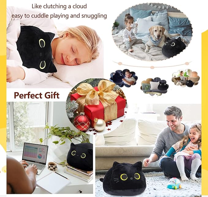 15.7" 3D Black Cat Plush Toy Pillow, Soft Kawaii Kitten Stuffed Animal Cushion