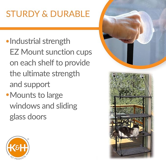 K&H Pet Products EZ Mount Window Sill Cat Bed, Cat Window Hammock, Sturdy Cat Window Perch for Large Cats, Cat Window Bed Cat Furniture, Cat Hammock for Window 4 Level Cat Perch Cat Shelf - Gray