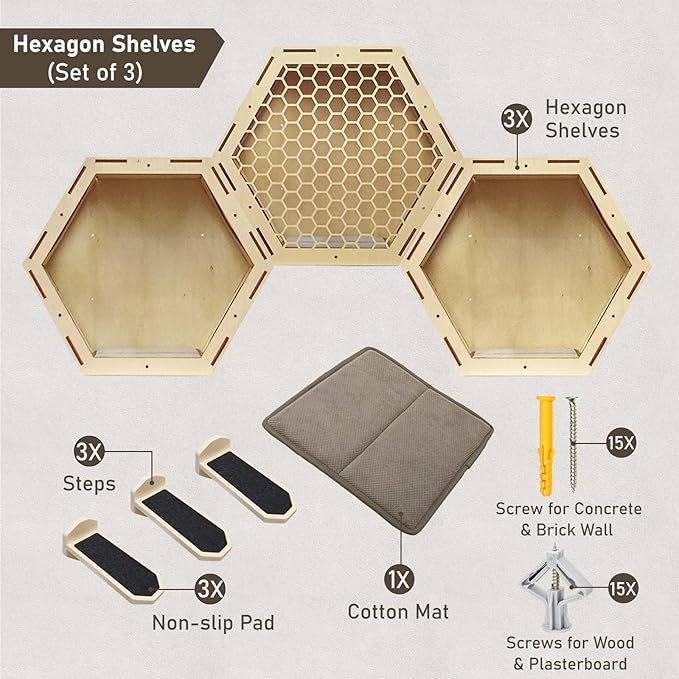 Wall Mounted Cat Shelves-Hexagon Cat Shelves and Perches for Wall Climbing-Cat Wall Furniture Set with 3 Scratching Steps and Washable Bed Mat-(Set of 1)