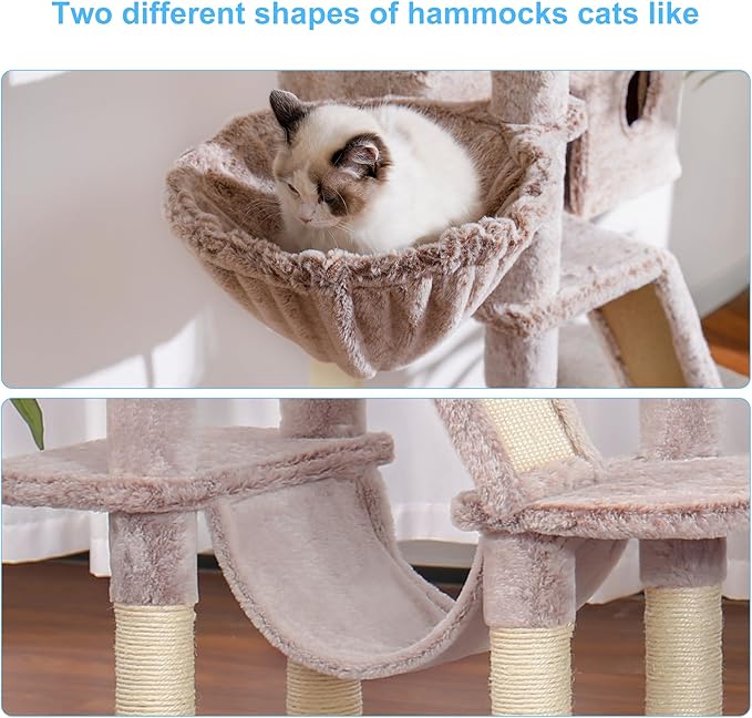 Hey-brother Cat Tree, 61 inch Cat Tower for Indoor Cats, Cat House with Padded Platform Bed, Toy Balls, Large Cozy Condo, Hammocks and Sisal Scratching Posts, Muchroom MPJ019MU