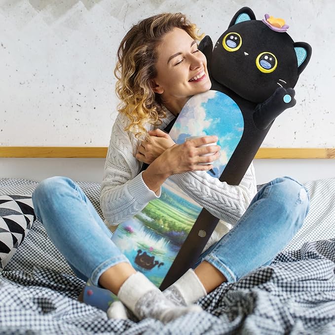 Artist-Designed Ultra Soft Long Cat Plush Body Pillow, Extra Stuffing for Comfort, Premium Quality Stuffed Animal Gift for Girlfriend or Cat Lovers (Butterfly Black Cat 20 Inches)