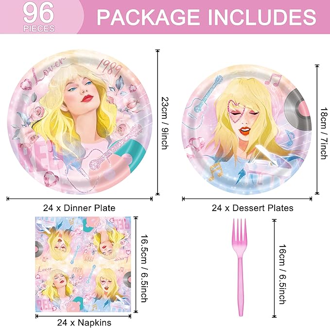 96 Pcs Birthday Party Plates Napkins Forks Supplies Paper Tableware Set Disposable Table Decorations for Girls Birthday Party, Serves 24 Guests