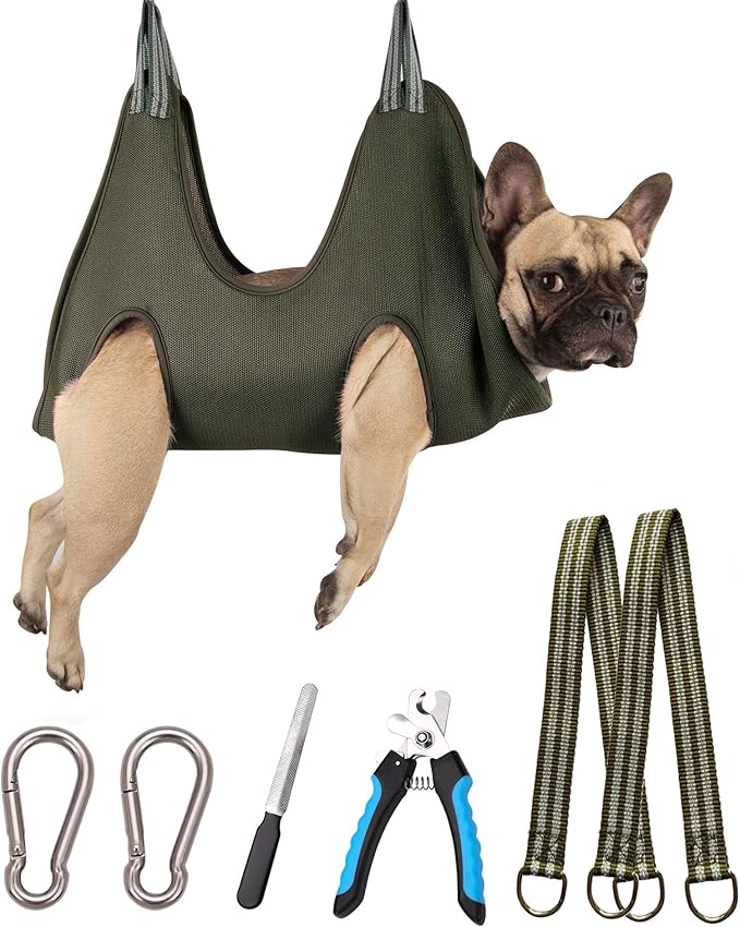 10 in 1 Pet Grooming Hammock Harness with Nail Clippers/Trimmer, Nail File, Comb,Dog Nail Hammock, Dog Grooming Sling for Nail Trimming/Clipping (M/Under 45lb, Khaki Green)