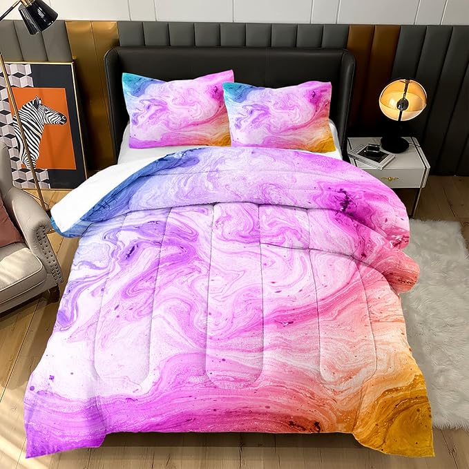 AILONEN Tie Dye Comforter Sets Queen Size for Teenage Girls, Superior Kids Bedding Sets,Marble Art Bed Set,Colorful Comforter,Pink Purple Blue Watercolor,Microfiber Fabric,3 Piece