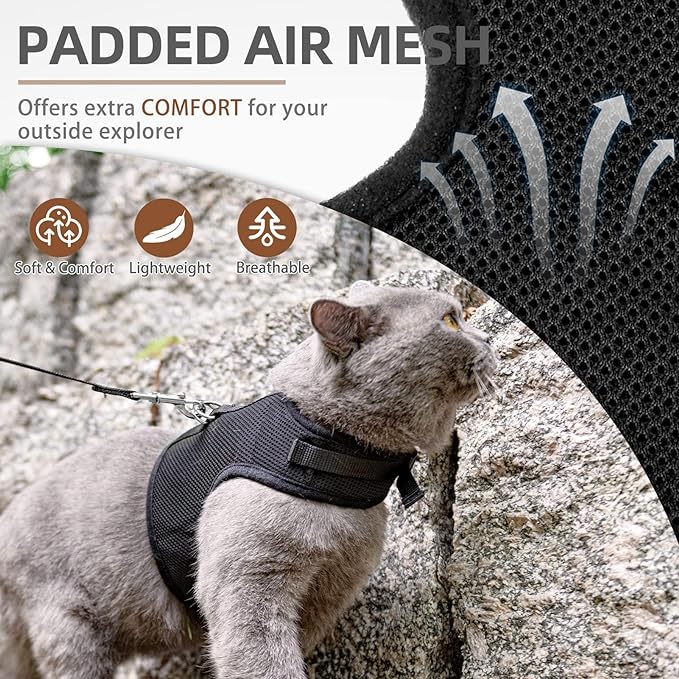 PUPTECK Soft Mesh Cat Vest Harness and Leash Set Puppy Padded Pet Harnesses Escape Proof for Cats Small Dogs Rabbits Bunny, Black Medium