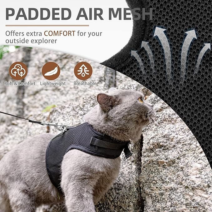 PUPTECK Soft Mesh Cat Vest Harness and Leash Set Puppy Padded Pet Harnesses Escape Proof for Cats Small Dogs Rabbits Bunny, Black XL