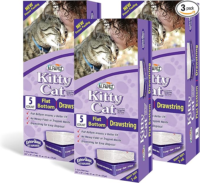 Alfapet cat Litter Box Liners Extra Large 15 count Heavy Duty 2 mil Thick Plastic, Clever Drawstring Liner for Easy Disposal- Flat Bottom for Easy, Secure Placement in Kitty Pan-Disposable
