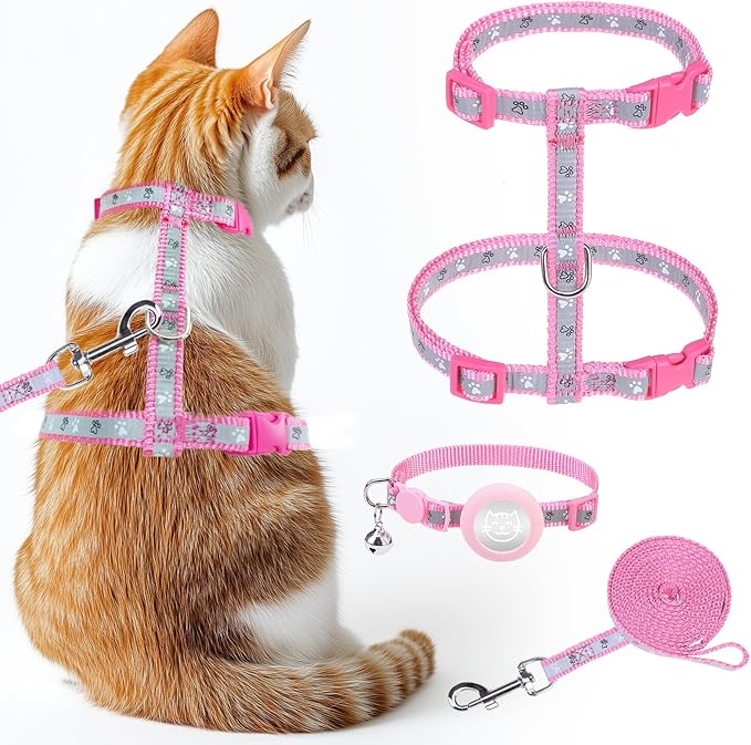 KOOLTAIL Cat Harness and Leash Set Escape Proof with Cat Airtag Holder Collars (3 in 1), Comfortable Lightweight Adjustable Kitten Harness for Small Medium Large Cats Safe Walking & Travel, Pink