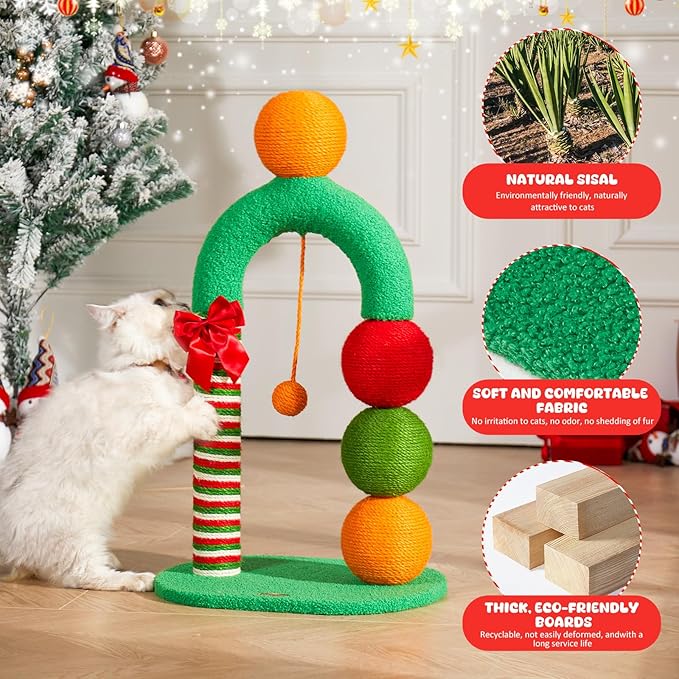 Durable Cat Scratching Post, Natural Sisal Cat Scratcher for Indoor Cats and Kittens, Cat Post with Dangling Ball, Easy Assembly with Bonus Sisal Ball Toy, Fun Candy Cane Design