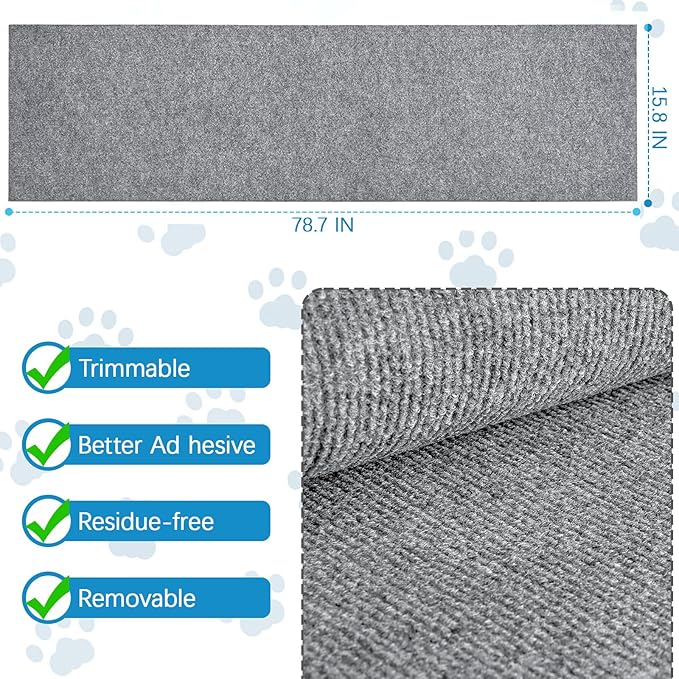 Gtmileo 78.7"x15.8" Trimmable Cat Scratching Mat, Cat Scratching Post Carpet, Self-Adhesive Cat Tree Shelves Replacement, Cat Scratch Furniture DIY Protector(Grey)