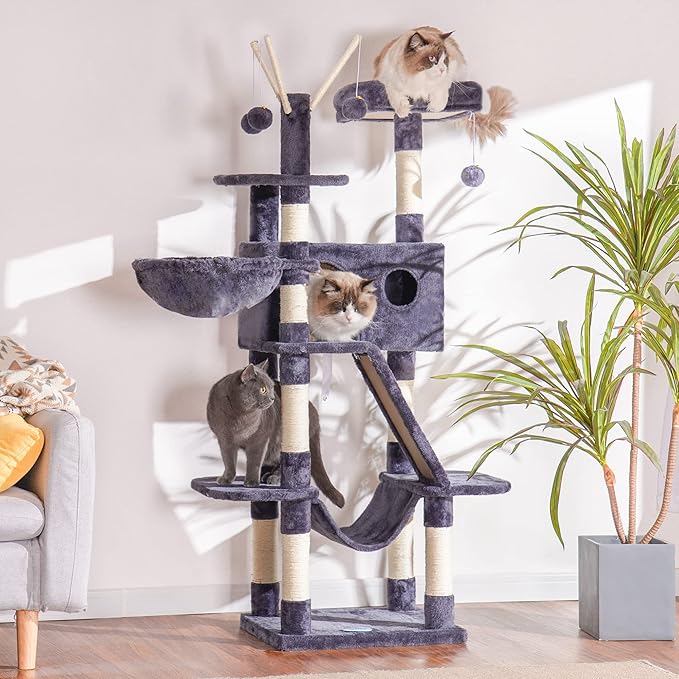Hey-brother Cat Tree, 61 inch Cat Tower for Indoor Cats, Cat House with Padded Platform Bed, Toy Balls, Large Cozy Condo, Hammocks and Sisal Scratching Posts, Smoky Gray MPJ019G