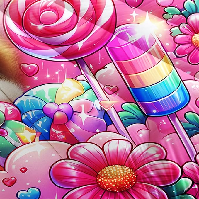 AILONEN Cute Cat Kitten Kids Comforter Set Twin Size,Rainbow Bedding Set,Fairy Butterfly Cartoon Pink Comforter with 2 Pillowcases,Teen Girls Kawaii Comforter Set 3 Pieces