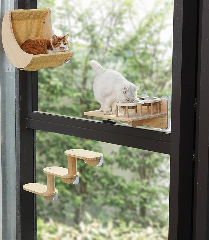Cat Window Shelf Feeding Station,Wood Window Seat Mounted with Heavy Duty Suction Cups for Cats Sunbathing and Overlooking