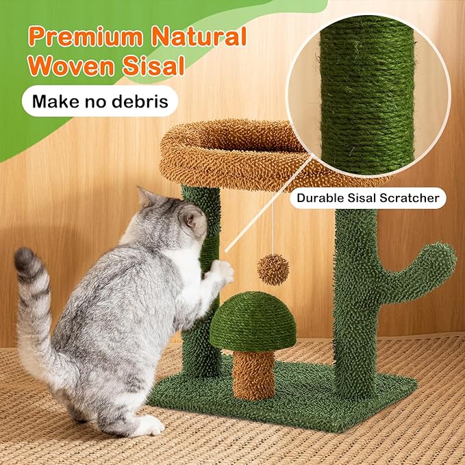 Cactus Cat Scratching Posts for Indoor Cats, Sisal Cat Scratcher with Play Ball, 20”Small Cat Tree Tower and Mushroom Scratch Post for Kitten, Green
