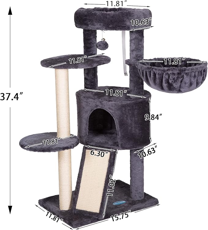 Hey-brother Cat Tree with Scratching Board, Cat Tower with Padded Plush Perch and Cozy Basket, Multi-Platform for Jump, Smoky Gray MPJ005G