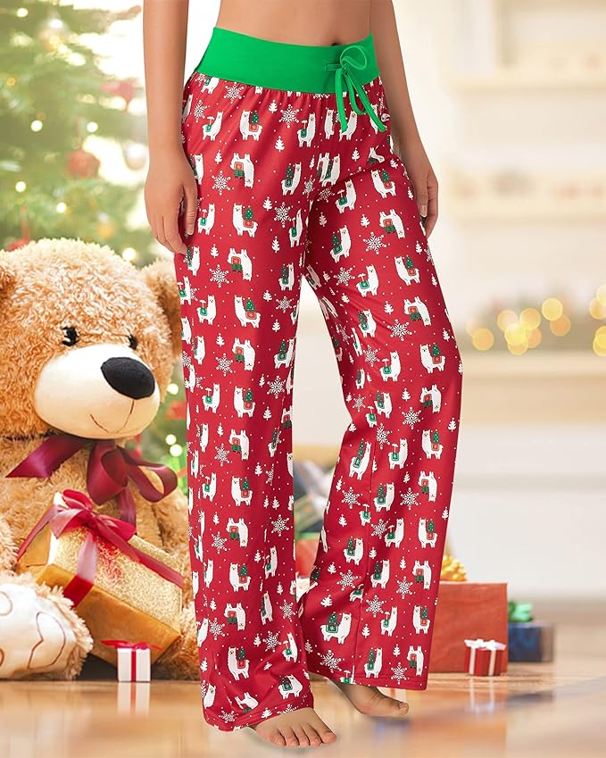 ALISISTER Christmas Womens Pajama Pants Casual Comfy Sleepwear Wide Leg Drawstring Bottoms