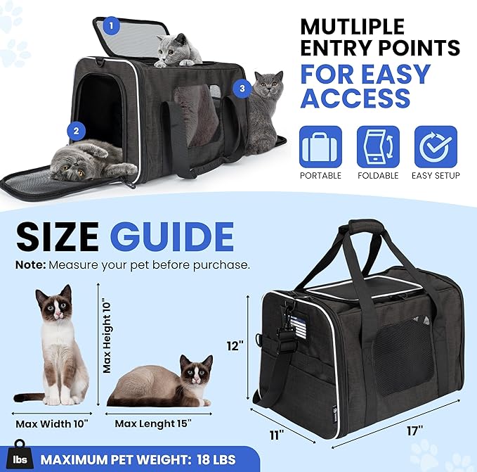 Airline-Approved Cat Carrier with Litter Box, 17x11x12” Soft Travel Litterbox up to 18 lbs Cats, Large Portable Carrier for Long Car Trips, Comes with Litter Scoop, Water Bowl, Pet ID & Cat Toy