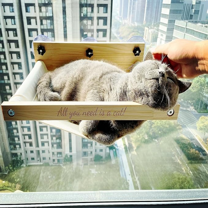 Cat Window Perch, Natural Wood Material, 5 Big Size Suction Cups-40 lbs Weight Limit, 17'' Wide Cat Hammocks for Window, Easy to Install