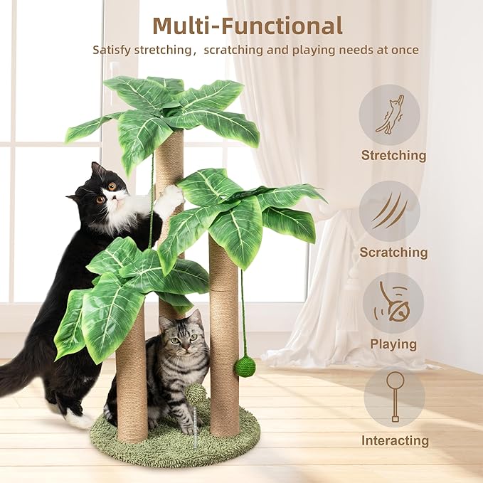 Cat Scratching Post 31.5" Palm Tree Cute Cat Tree Scratching Poles Sisal Hanging Balls Cat Scratcher for Kitten and Adult Cats