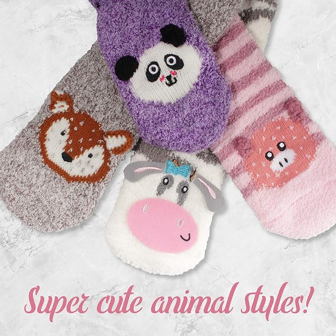 BambooMN Super Soft Warm Cute Furry Animal Non-Slip Fuzzy Cozy Fluffly Crew Winter Home Socks, Value Pack