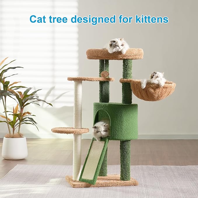 Hey-brother Cat Tree with Scratching Board, Cat Tower with Padded Plush Perch and Cozy Basket, Multi-Platform for Jump, Green and Yellow MPJ005GY