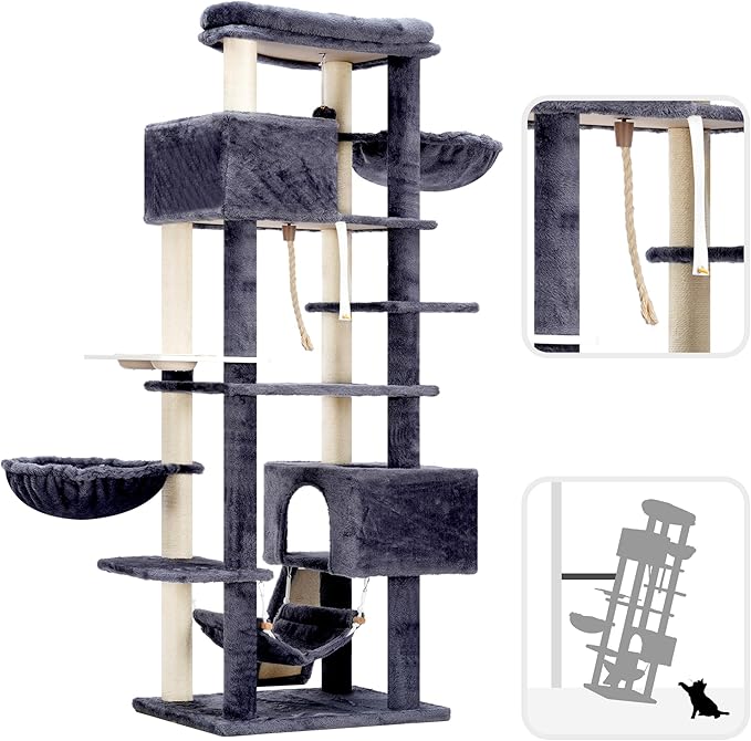 Hey-brother Cat Tree, 70.8 Inches Multi-Level Cat Tree Tower for Large Cats, Heavy Duty Cat Tower with Cat Condo,Baskets, Cat Scratching Posts, Big Hammock and Food Bowls, Smoky Gray MPJ036G