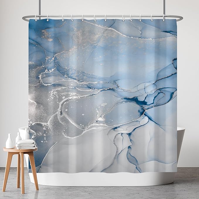 AWERT Blue Marble Shower Curtain for Bathroom Modern Blue White Marble Ink Shower Curtain with Hooks Washable Bathroom Accessories Bathtub Decor 72x72inch