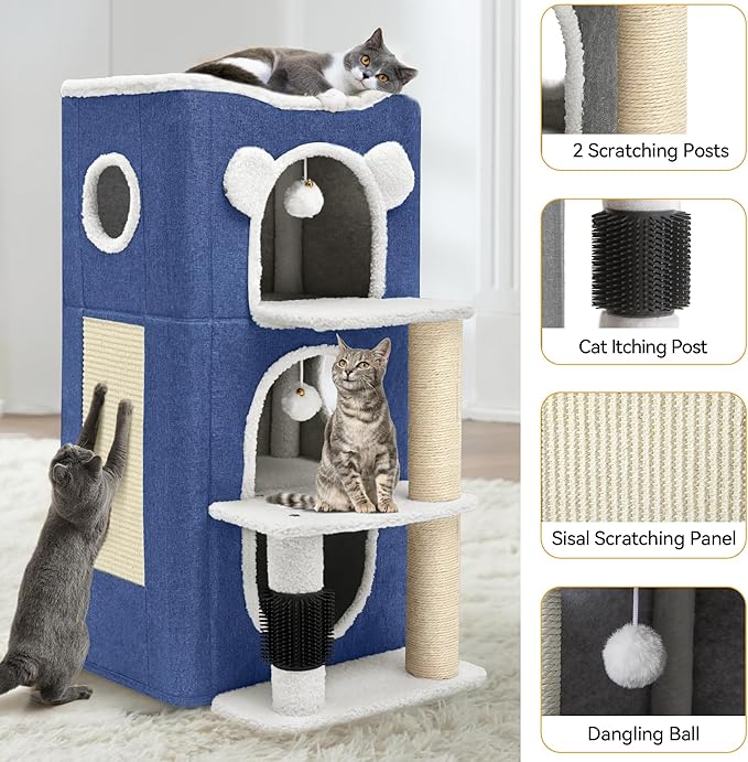 YIATHOME 3-Tier Cat House, Cat Beds for Indoor Cats, Modern Cat Condo with Highway Cave, Scratch & Itching Post, Climbing Stand, Cat Cube Playhouse for Multi Kittens, Blue
