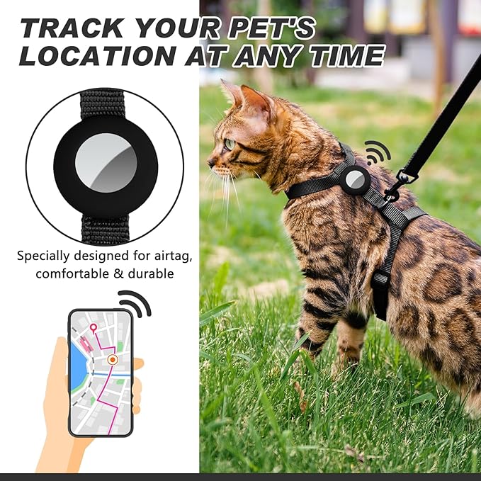 Cat Harness and Leash Set Escape Proof for Walking, Adjustable Cute Kitten Harness Leash with Airtag Holder for Small Large Cats, Lightweight Soft Walking Travel Harness (Black)
