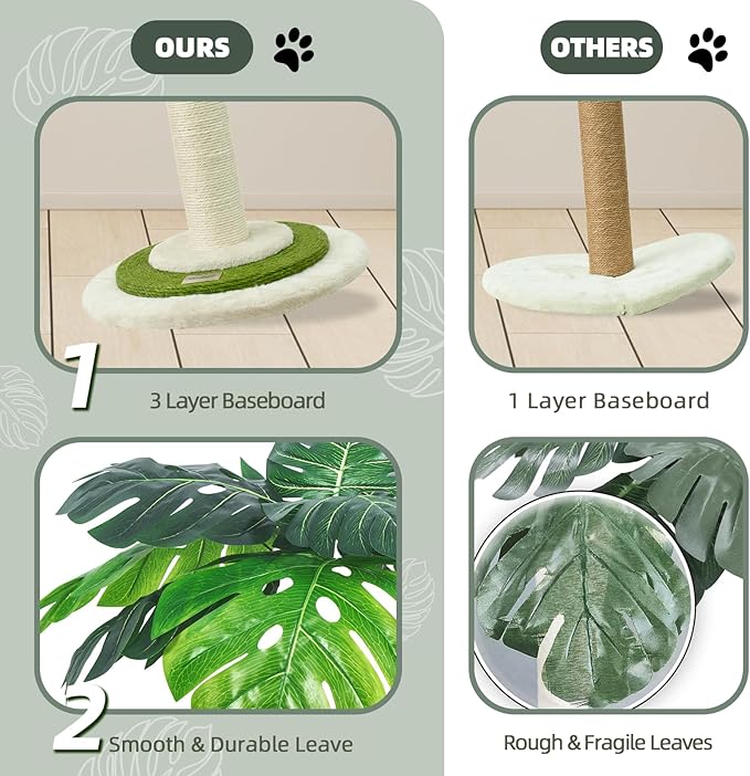 MEOWOOU Cat Scratching Post for Indoor Cats and Kitten, 35” Tall Monstera cat Scratching Post with sisal Hanging Interactive Ball, Suitable for Large Adult cat, Kitten, and All Type of Cats