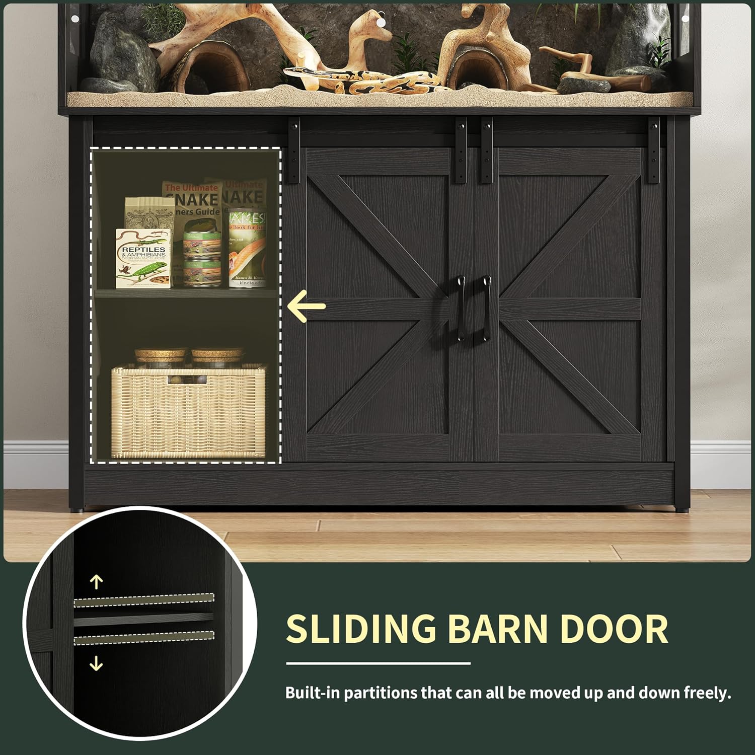 60 Gallon Reptile Terrarium with Stand, Terrarium Enclosure with Acrylic Doors, Storage Cabinet with Barn Door, Mesh Lid & Power Outlet – Vivarium Habitat for Medium Reptiles Black PX05RTB