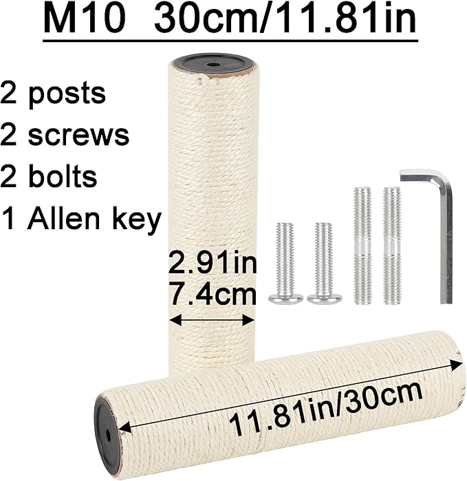 7.4cm 2.91in Diameter Cat Tree Scratching Post Replacement Sisal Pole Parts for Cat Tower (M10, 11.81in/30cm)