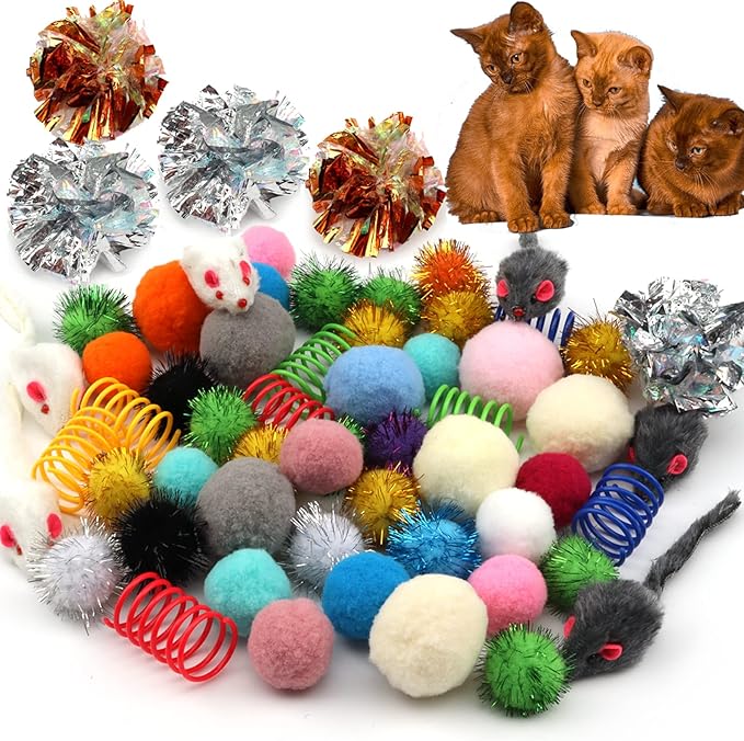 60 Packs Cat Toys Balls Set Spiral Springs Assorted, Kitten Ball Toys Assortments, Sparkle Ball, Cat Mouse Toy, Cat Crinkle Balls, Cat Springs, Furry Cat Toys Balls Soft Pom Pom Balls