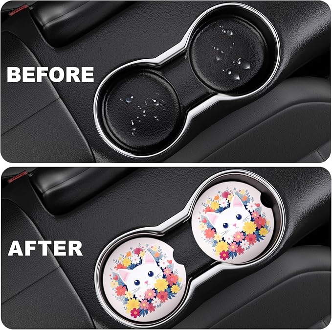 2 Pack Car Cup Holder Coasters, 2.63 inch Anti Slip Insert Absorbent Ceramic Coasters with Cork Base and Finger Notch, Cute Car Accessories Interior for Women