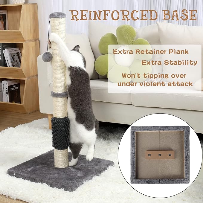 ANWA Tall Cat Scratching Posts for Indoor Cats and Kittens, 32” Vertical Scratching Post with Reinforced Base, Premium Sisal Cat Scratching Post with Dangling Plush Ball and Self-Grooming Brush