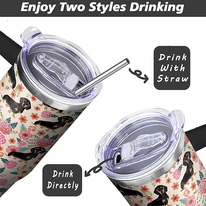 40 Oz Dachshund Tumbler With Handle and Straw, Double Wall Stainless Steel Mug, Coffee Mug for Dog Lovers, Dad or Mom Tumbler, Gifts for Women and Men