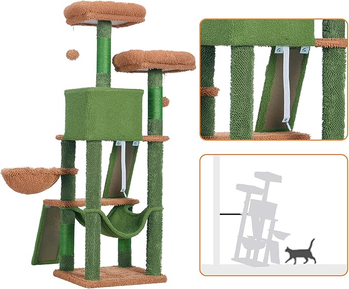 Heybly Cat Tree, Cactus Cat Tower for Indoor Cats,Multi-Level Cat Furniture Condo for Cats with Padded Plush Perch, Cozy Basket and Scratching Board HCT014CA