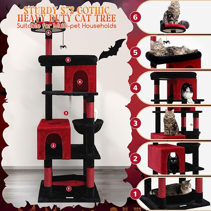 S72 Heavy Duty Gothic Cat Tree, 72in Large Cat Tower with Coffin Bed, Sturdy Maine Coon Cat Tree for Large Cats 20 lbs+, Medieval Castle Style with 6 Scratching Posts & Hammock, Black & Red