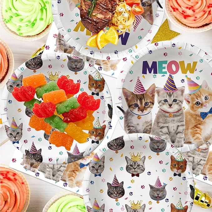80PCS Cat Party Supplies Cat Kitten Paper Plates and Napkins Party Tableware for Kids Meow Birthday Babyshower Decorations, Serves 40