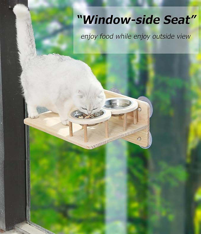 Cat Window Shelf Feeding Station,Wood Window Seat Mounted with Heavy Duty Suction Cups for Cats Sunbathing and Overlooking