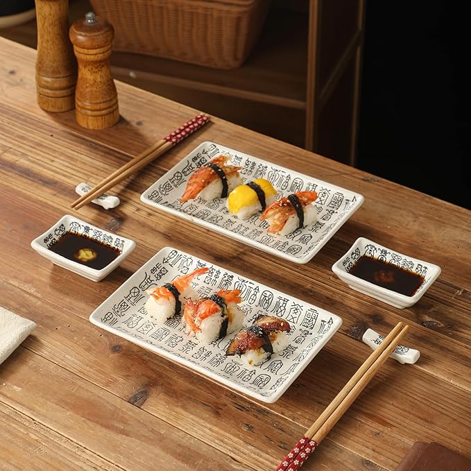 8 pcs Japanese Sushi Plate Sets Serving Platters and Trays for Entertaining Sushi Dishes Set Plates Sushi Plates Traditional Cuisine Dinnerware Sets with Chopsticks Hundred Blessings