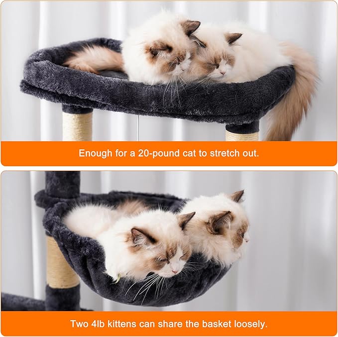 Heybly Cat Tree, 68 inch Multi-Level Cat Tower for Indoor Cats, 2 Widened Plush Perches Cat Condo with Scratching Board and Big Caves, Smoky Gray HCT025G