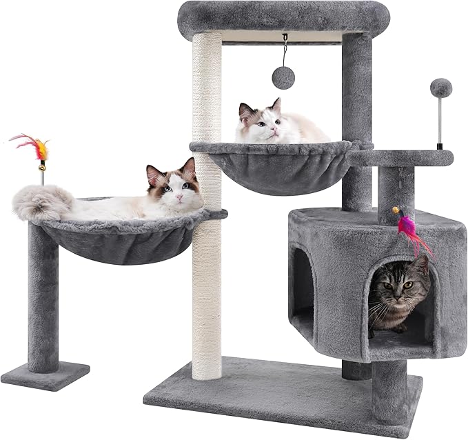 YOUPET 33.46" Cat Tree Tower with Cat Condo and Scratching Post for Indoor Cats, Activity Center Cat Furniture with Two Big Hammock and Spring Toy Balls, Grey