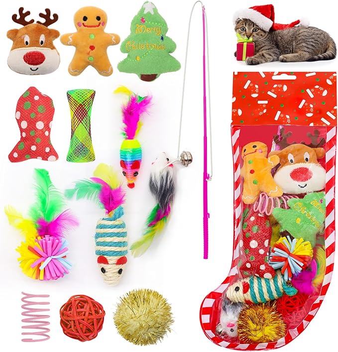 12Pcs Christmas Stocking Cat Toys, Xmas Cat Toys Set with Catnip Plush Toy, Mice Feather Toys, Cat Wand, Pet Supplies for Kitten Toys Interactive Play Indoor Cats Christmas Decorations
