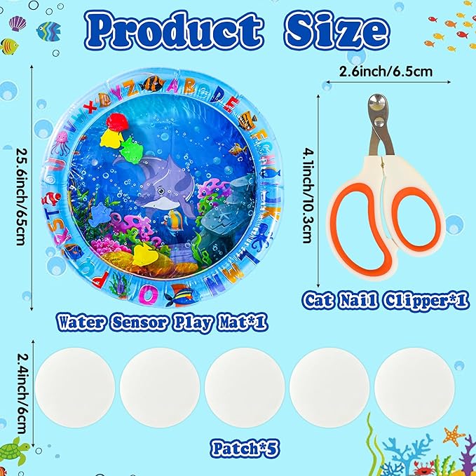Upgraded Cat Water Sensory Mat with Patches Set - Including Thickened Water Playmat for Cats, Patches, Clipper, Fun Summer Toy for Bored Indoor Cat Self Play Rest Feel Cool Comfort (Round)