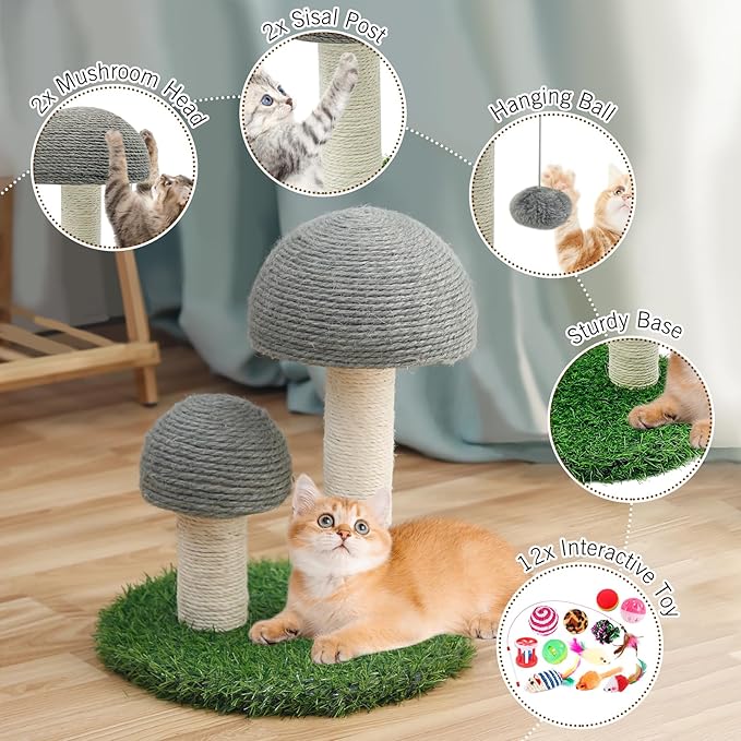 BNOSDM Mushroom Cat Scratcher with 2 Sisal Poles, Cat Scratching Post Pet Interactive Toy Scratch Post with 12 Pcs Cat Toys and Hanging Ball for Indoor Kitten Kitty Small Cats (Grey)