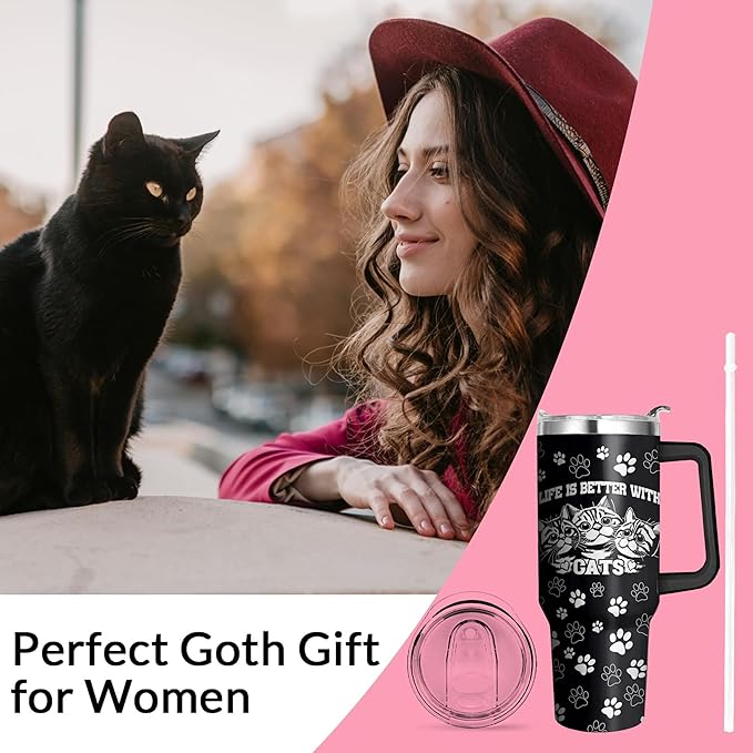 40 Oz Black Cat Tumbler With Handle and Straw, Double Wall Stainless Steel Insulated Mug for Cat Lovers, Mom or Dad - Cups Gifts for Women