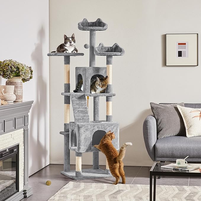 Yaheetech XL Cat Tree, 72in Multi-Level Cat Tower with 2 Cozy Caves, 3 Soft Perches, Scratching Posts, Board, and Dangling Ball, Cat Furniture Cat Play House Kittens, Light Gray