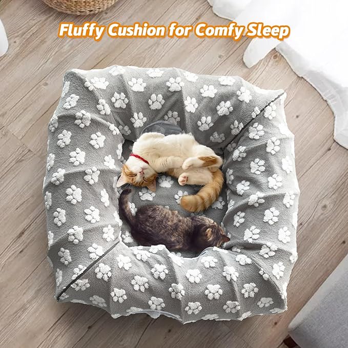 110" Cat Tunnel Bed for Indoor Cats, Foldable Large Peekaboo Cat Cave Donut with 4 Toys Balls and 4 Caves Holes for Kittens, Rabbits, Ferret Tunnel and Tubes